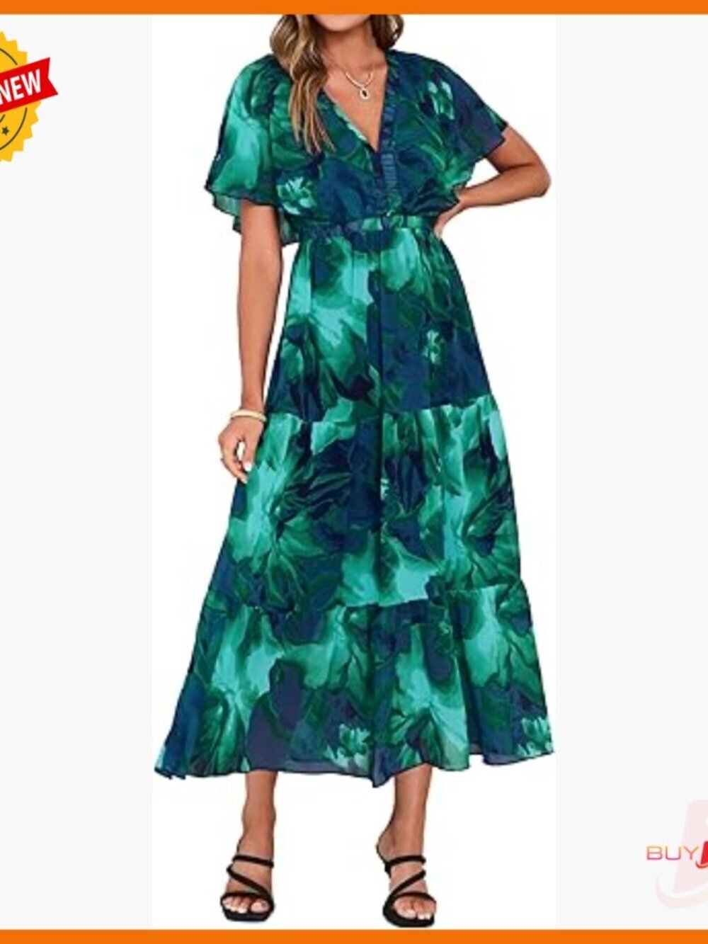 Flowy V-Neck Maxi Dress with Ruffle Sleeves for Wedding Guest Beach